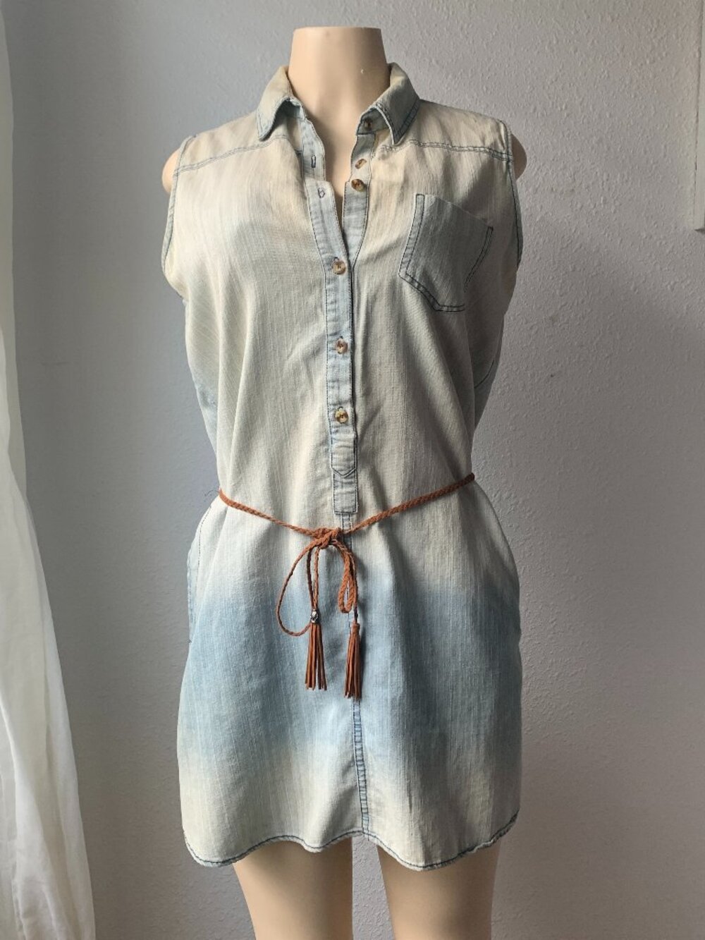 B_envied Sleeveless Denim Shirt Dress Braided Tassel Belt Light Wash Size L